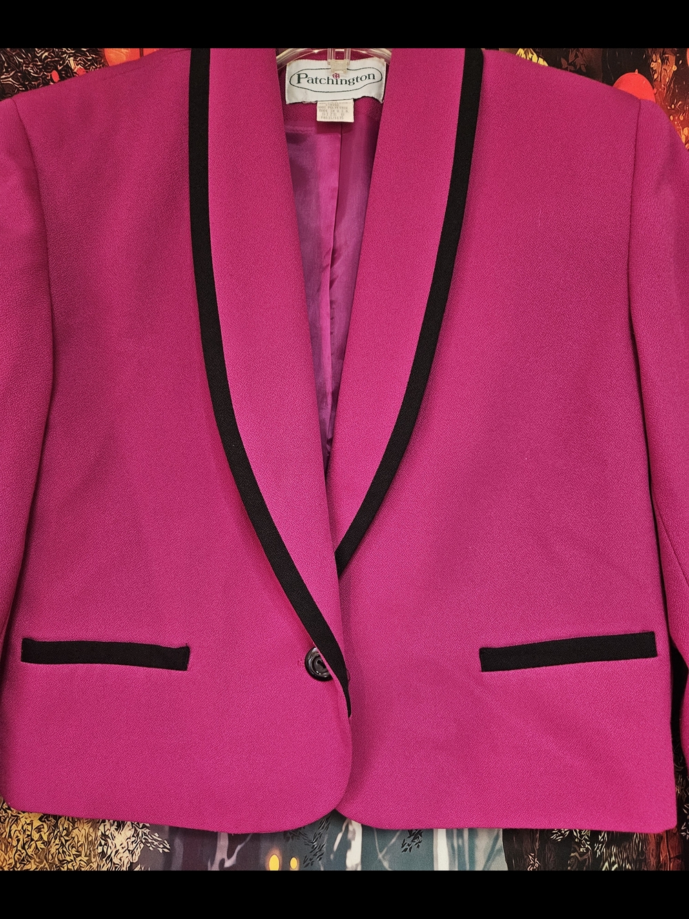 Patchington Women's Vintage Bright Pink Cropped Blazer with Black Trim - Picture 2 of 5
